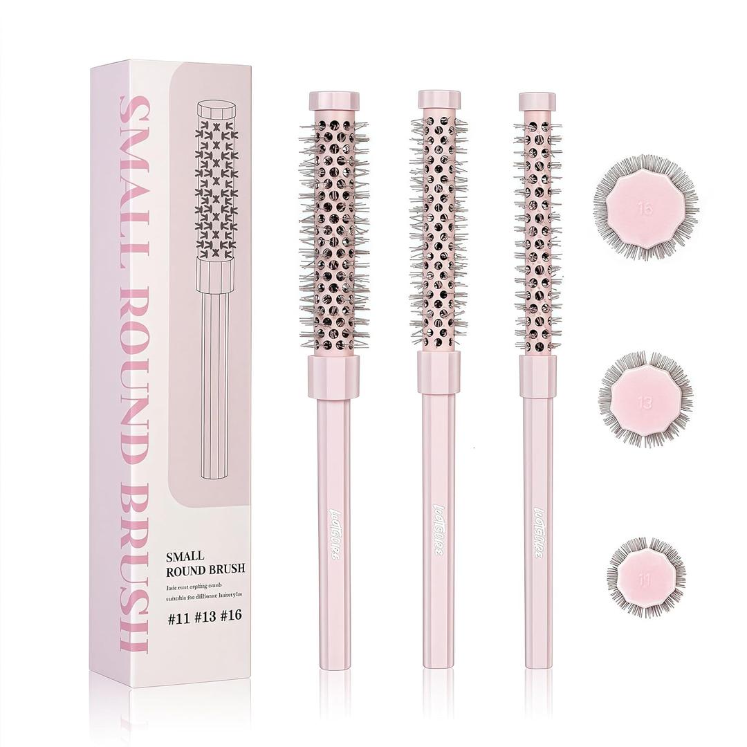 3pcs Small Round Hair Brush for Short Hair - Barrel Hair Brush for Blow Drying, Aluminum Round Brush for Bobs, Bangs, Lobs, Roots, Curling, Pixie Cuts, Straight Hair - Pink