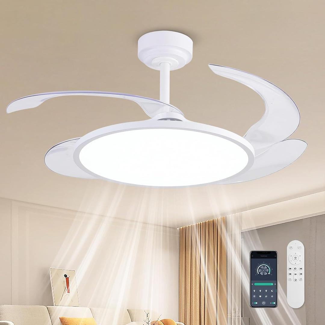 AHAWILL 48'' Retractable Ceiling Fan with Remote/APP Control,Bladeless Ceiling Fan with LED Lights,Stepless Full Spectrum,Memory,Modern Silent Fandelier for Bedroom Dining Room Living Room,White