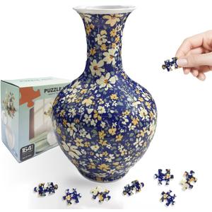 3D Puzzle Vase for Adults, 164 Piece Unique Flower Vase, Crafts for Adults, Home Decor Gift for Flower Arrangements (B- Navy Floral Pattern)