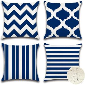 OTOSTAR Set of 4 Waterproof Throw Pillow Covers 20x20 Inch Farmhouse Geometric Square Pillow Cases for Couch Patio Furniture Balcony Garden Outdoor DecorationGeometry70-Navy Blue