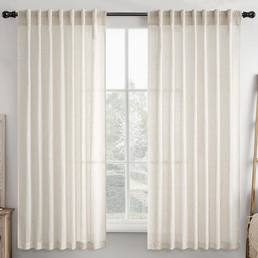 Ivory Cream Linen Back Tab Curtains 63 Inch Length 2 Panels Set, Semi Sheer Light Filtering Privacy Drapes for Modern Farmhouse Living Room Bedroom, Neutral Textured Pinch Pleated Look Window Curtains (Natural)