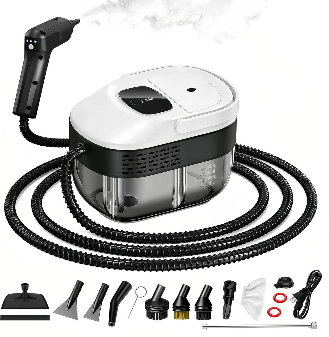 Pressurized Handheld Steam Cleaner 2500W, 54oz Large-Capacity Steamer with 3-Level Adjustable Steam, 15s Heat-Up & 15Pcs Accessories  for Car, Tile, Grout, Couch, Floor, Bed, Dirt, Furniture (White)