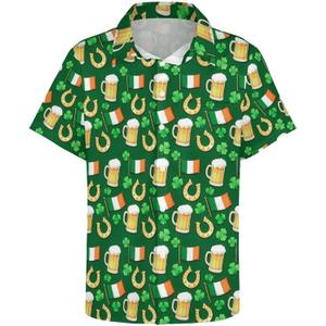 Mens St. Patrick's Day Shirt Irish Shamrock Casual Short Sleeve Button Down Hawaiian Shirts (Green, XXL)