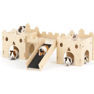 Guinea Pig Hideout House, Deluxe Wooden Hamster Hideout with Climbing Ramp & Rest Zone, Bunny Castle Tower Toy for Guinea Pig Chinchilla Gerbil Hedgehog Small Animal House Habitat Hut