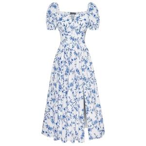 Scarlet Darkness Women's Floral Corset Dress with Split 2026 Summer Spring Square Neck Midi Milkmaid Dresses White Deep-Blue Floral XXL