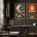 2Pcs Celestial Canvas Wall Art Vintage Tarot Mystical Moody Sun and Moon Floral Painting Picture Wall Decor Posters Print Artwork for Living Room Bedroom Home Decoration Unframed (24L" x 16W")