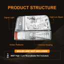 Headlight Assembly, Headlights Replacement Compatible with 1992 1993 1994 1995 1996 Ford F150 F250 F350/1992-1996 Bronco Headlamp Bumper Lamp Set Chrome Housing Amber Reflector