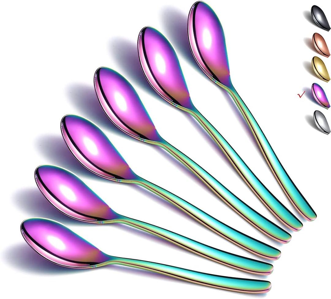 Rainbow Teaspoons, 4-Piece Silverware, Stainless Steel Tea Spoons, Home & Restaurant Use, Dishwasher Safe (6.6 Inches)