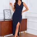 IHOT Women's Bodycon Maxi Dress Sleeveless V Neck Side Slit Ruched Wrap Cocktail Formal Wedding Guest Dress (Black, XL)