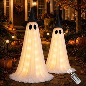 Halloween Decorations Outdoor, 2 Pack 4.9 FT Light Up Ghost Decoration with Witch Hat, Battery-Powered Controlled String Light, Halloween Ghost Yard Decor for Porch, Lawn, Garden, Patio, Haunted House