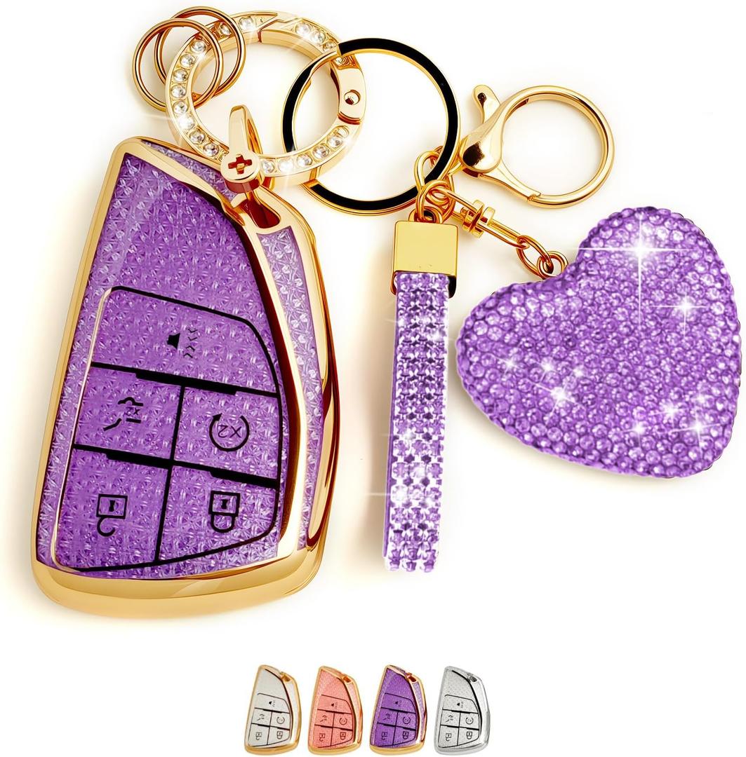 5 Button Key Fob Cover with Diamond, Compatible with GMC Yukon Denali Sierra 2021-2025~, Fit for Chevy Silverado Suburban Tahoe Buick, Sparkling TPU Key Case and Bling Heart for Women (Purple)
