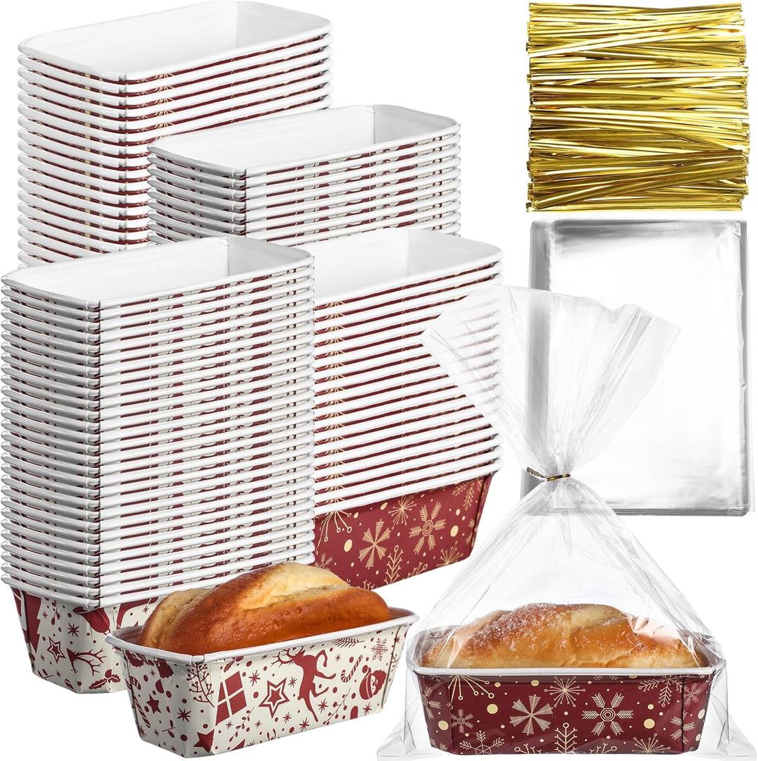 50 Sets Christmas Paper Loaf Pan 6.3 x 2.2 x 2.2 Inch Mini Disposable Bread Pans with Clear Plastic Bags and Ties Rectangle Baking Mold Loaf Containers for Bread Cake Baking (Elegant Style)