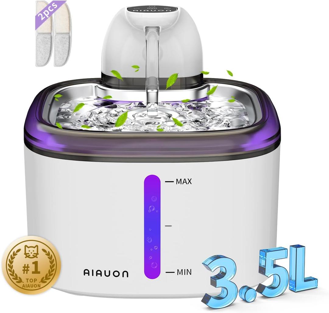Cat Water Fountain Cordless 118oz/3.5L Wireless & Battery Operated Pet Water Fountain for Indoor Cats, Stainless Steel Tray with Sensor & Timer Modes, Ultra-Quiet, BPA-Free & Easy-to-Clean