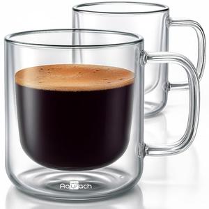 Aquach 2-Pack Double Walled Insulated 8oz Glass Coffee Mugs with Handle - Ideal for Espresso, Latte, Americano, and Cappuccino