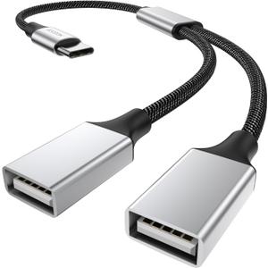 USB-C Dual Splitter - Type-C to 2x USB 2.0 OTG, for MacBook, Pixel, Samsung (Silver)