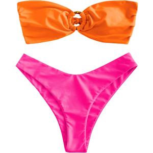 ZAFUL Women's Bandeau Bikini O Ring Strapless Tie Back High Cut Two Piece Swimsuit Bathing Suits (Large)