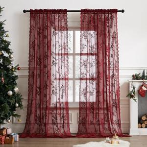Burgundy Lace Curtains 80 Inches Long Vintage Floral Curtains 2 Panels for Bedroom Living Dining Room Rod Pocket Light Filtering Maroon French Modern Romantic Window Privacy Decor, 52x80, Wine Red