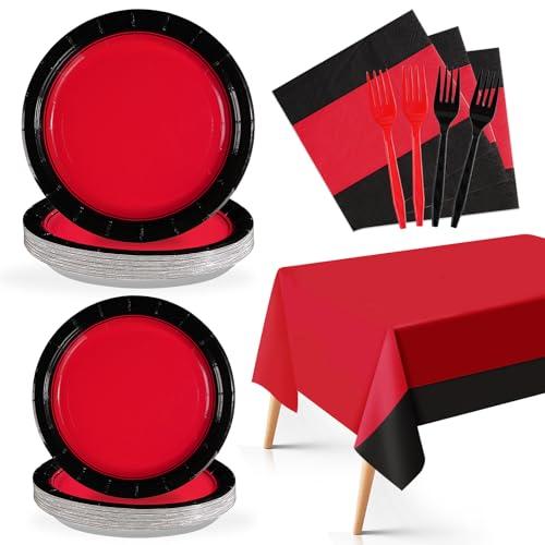 98Pcs Red and Black Party Decorations Stranger Red and Black Plates Napkins Tablecloths Disposable Tableware Set for Graduation Fiesta Congrats Grad Holiday Birthday Wedding Party Supplies, Serves 24
