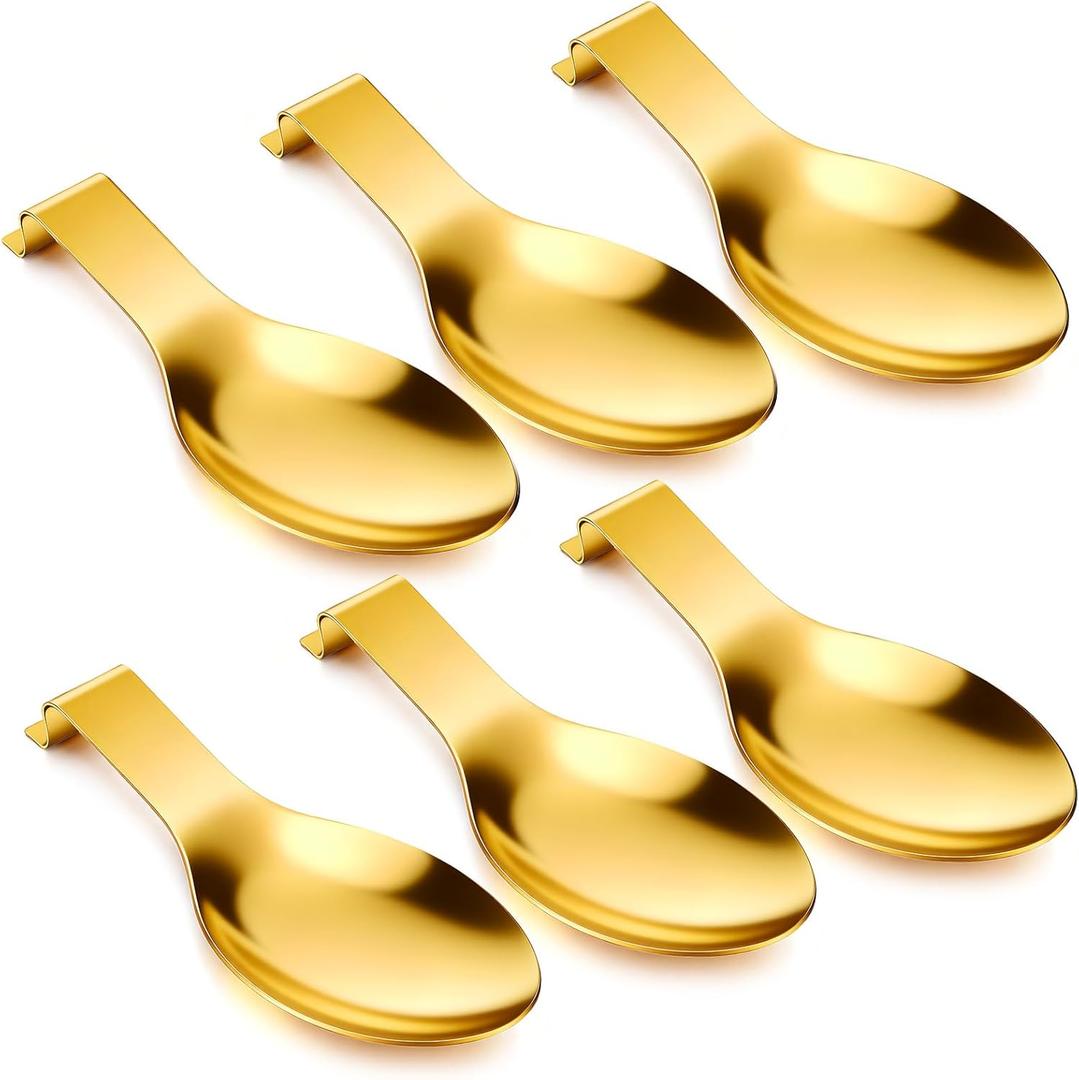 6 Pcs Stainless Steel Spoon Rest Spatula Ladle Holder Spoon Rest for Stove Top Heavy Duty Spatula Holder Gold Spoon Holder for Countertop Dishwasher Safe Utensil Rest Kitchen,3.8 x 9.6 inch