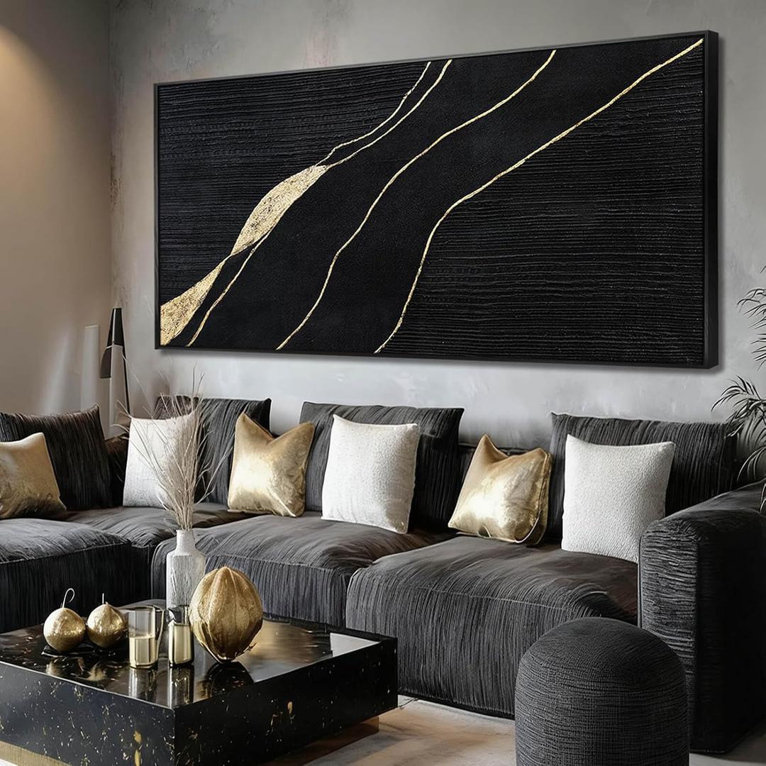 Gold and Black Abstract Canvas Prints 29x58 Inch, Large Framed Wall Picture with Black Frame, Contemporary Home Decoration for Bedroom Dining Room or Hallway