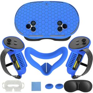 7 in 1 Silicone Cover Set Compatible with Meta Quest 3S, VR Accessories for Oculus/Meta Quest 3S Skins and Wraps, Includes Controller Grips Cover, Face Cover, Lens Protector Cover, Honeycomb Blue