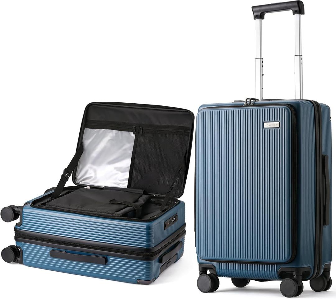 BISON DENIM Carry On Luggage Expandable PC Hard Shell Suitcase with Spinner Wheels and Cup Holder, TSA-approved Lock and USB Port 20-Inch (Blue)
