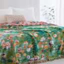 100% Cotton Muslin Floral Blanket, Super Soft Throw Green for Couch, Bed Chair Quilt Travel Blankets, Reversible Jacquard Fall Coverlet, Lightweight Boho Farmhouse Picnic Blanket, 80"x90"
