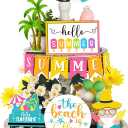 FairySandy 12 Pcs Summer Tiered Tray Decor Set Hawaii Tier Tray Decorations Hello Summer Beach Gnome Wood Sign Rustic Farmhouse Tabletop Accessories for Home Table Kitchen Shelf Decor