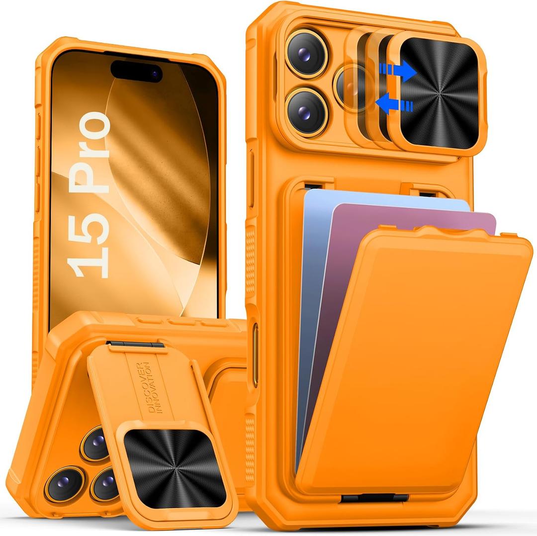 SSLOTSCASE for iPhone 15 Pro Case with Card Holder & Camera Stand, Light Orange