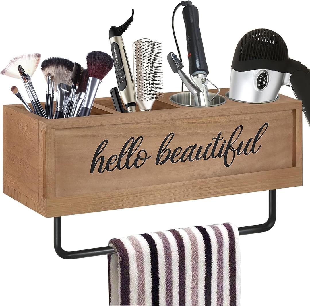 Anwelynd Rustic Hair Dryer Holder Wall Mounted, Hair Tools and Styling Organizer with Towel Bar, Farmhouse Beauty Hair Appliance Holder for Flat Iron, Curling Wand, Towel Rack