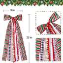 3 x Large Christmas Ribbon Bow, Red, White & Green Stripes with Snowflake Pattern, Tree Topper and Wreath Decoration, Rustic Vintage Style, Indoor/Outdoor Holiday Xmas Decor for Family, Wedding, Party