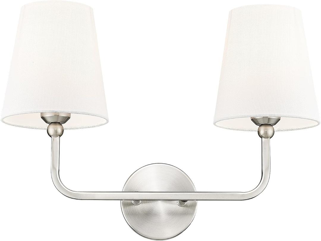 2-Light Bathroom Light Fixtures, Brushed Nickel Vanity Lights, Double Wall Sconce with Flared White Fabric Shade, Modern Sconces Wall Lighting for Hallway Bedroom Stairway, VL837-BN-2