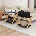 Smuxee Natural Bamboo Luggage Rack Pack of 2, Foldable Suitcase Stand with Storage Shelf, Easily Assembled Luggage Stand with 5 Nylon Straps for Guest Room Bedroom Hotel