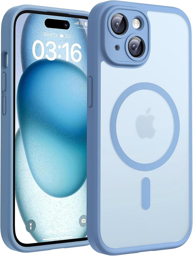 TOCOL Magnetic for iPhone 15 Case, Upgraded Full Camera Protection, Compatible with Magsafe, Drop Protection, Translucent Matte Back Bumper Phone Cover 6.1-Inch (Light Blue)