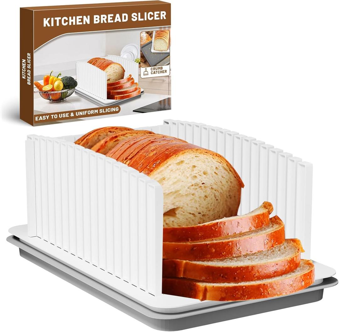 Bread Slicer for Homemade Bread, Bread Slicing Guide with Adjustable Width and Crumb Tray, Foldable Bread Cutter for Homemade Bread, Bagels, Cakes, Sandwich (White (1-Pack))