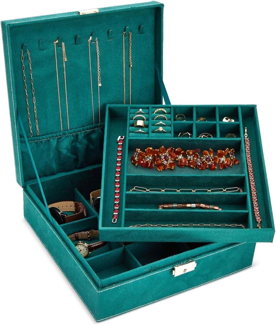 Juvale Velvet Jewelry Box Organizer - 10.5 x 10.5 x 3.5 in, Green - Lockable 2-Tier Travel Jewelry Case & Earring Storage - Removable Tray & Built-In Necklace Organizer