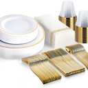 M MCIRCO 175 Piece Gold Dinnerware Set - Plates - 22 Silverware - 22 Cups - 25 Paper Napkins, 22 Guest Disposable Gold Dinnerware Set