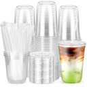 100PCS 16 oz Disposable Plastic Cups with Flat Lids and Clear Straws, Round Bottom To Go Iced Coffee Cups, BPA Free Holiday Cups for Smoothies, Cold Drinks, Coffee Shop, Juice Bars, Takeout, Office