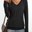 Womens V Neck Long Sleeve Shirts Banded Bottom Cute Loose Fit Tops Dressy Casual Outfits for Fall Spring (Black)
