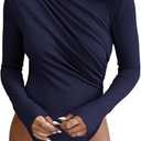 SweatyRocks Women's Bodysuit Mock Neck Casual Ruched Long Sleeve Jumpsuit Dark Blue Small