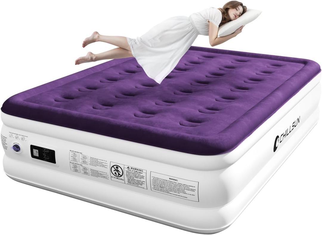 CHILLSUN Air Mattress Full with Built in Pump, 18" Raised Comfort Blow up Mattress, Inflatable Mattress colchon inflable, Upgraded Flocked Top Air Bed with Storage Bag for Home, Camping & Guests (Purple)