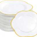 Liacere 100PCS Gold Plastic Plates - White and Gold Dinner Plates - with Gold rim10inch Heavy Duty Disposable Plates, Perfect for Wedding & Party & Holiday & Afternoon Tea