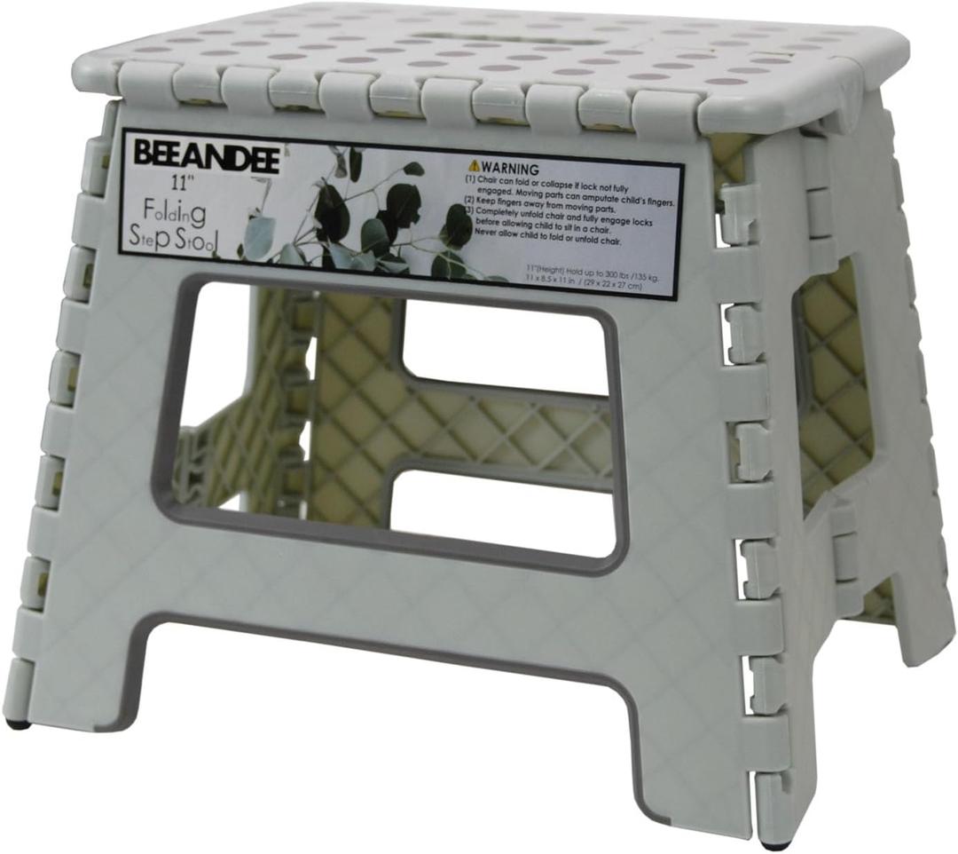 11" Folding Step Stool for Adults Kids Holds Up to 300 lbs,Non-Slip Folding Stools with Portable Handle, Compact Plastic Foldable Step Stool for Bathroom,Kitchen (Gray) (Sage Green)