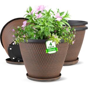 4 Pack 10 inch Plant Pot for Outdoor Indoor, Plastic Flower Pots with Drainage Holes & Saucers, Lightweight Large Outdoor Planter Pot, Imitation Knit Pots for Garden House Planters (Black Copper)