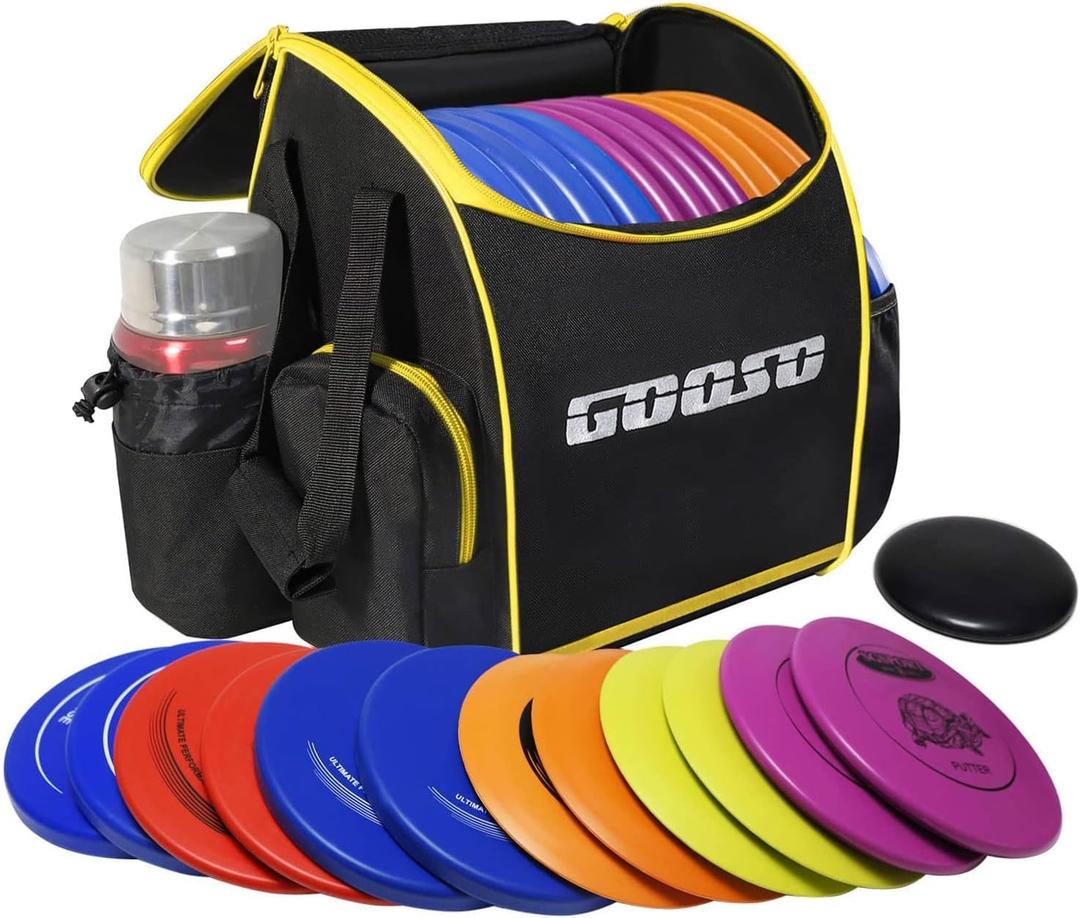 Disc Golf Set with Bag - 12 PCS Flying Disc Golf Discs for Beginner with Putter, Midrange, Driver | Portable Disc Golf Backpack Holds 28+ Discs Free Stand Bag Design for Convenient Use (Yellow)