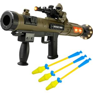 Toy Rocket Launcher, Rocket Gun with 3 Foam Rockets, Toy Rocket Barrel Launcher RPG Gun for Kids, with Sound, Vibration, LED Effects, Military Pretend Play Blaster Toy Gun for Boys (Brown)