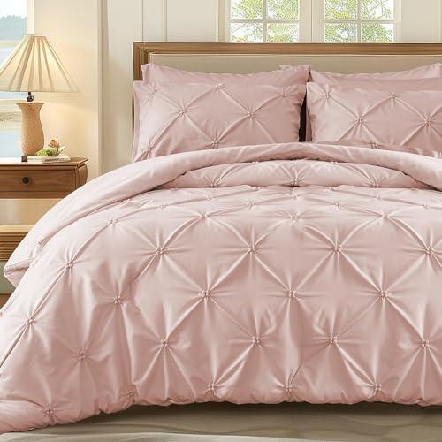 WOLKI King Size Comforter Set Pink, 3 Pieces Bed Lightweight Solid Bedding Comforters Sets, All Season Fluffy Down Alternative Comforter Bed Set Quilt Blanket