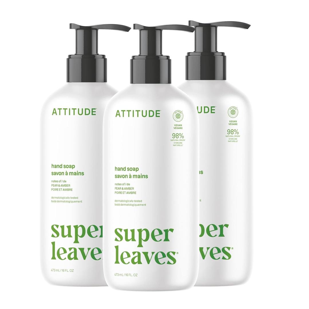 3 x ATTITUDE Liquid Hand Soap, EWG Verified, Plant and Mineral-Based, Vegan Personal Care Products, Pear & Amber, 16 Fl Oz (Pack of 3)