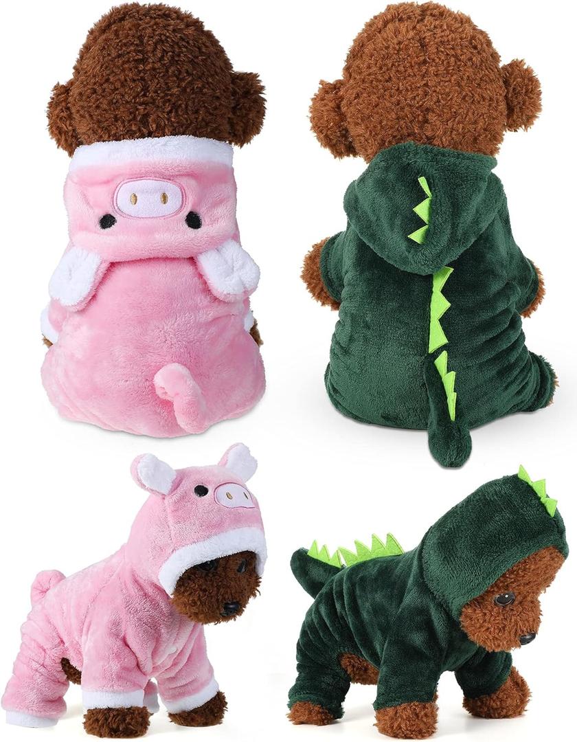 Queekay 2 Pieces Cute Dog Costume Halloween Cat Clothes Pink Pig PET Costume Design Dinosaur Clothing Puppy Outfits PET Hoodie Warm Dress up Clothes for Puppies and Kitten(Small)