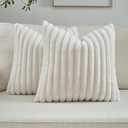 FUTEI Cream White Striped Decorative Throw Pillow Covers 18x18 Inch Set of 2,Square Fall Decorations Couch Pillow Case,Soft Cozy Faux Rabbit Fur & Velvet Back,Modern Home Decor for Bed
